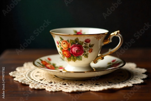 Victorian Era Teacup and Saucer A close up of a finely detailed, ornate Victorian teacup and saucer. The teacup has a delicate floral pattern and gilded edges. It rests on a vintage lace doily. Soft,