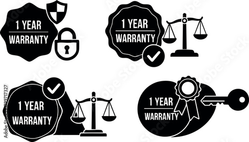 One year warranty icons with security, lock, scale, and key symbol set for product guarantee and trust design vector