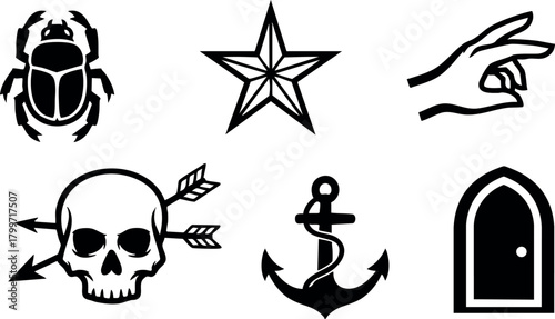 Set of black ancient symbols including scarab beetle, star, hand gesture, skull with arrows, anchor with snake, and door vector icons