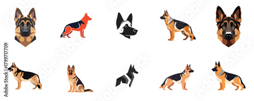 German Shepherd Vector Head and Body. Geometric Low Poly Style Icon Set for Modern Digital and Animal Branding Logo Design