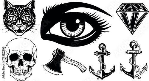 Collection of black and white vector icons featuring wild cat, human eye, diamond, skull, axe, and anchors in detailed style