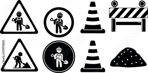 Construction worker safety signs with cones and barrier vector icons for hazard warning and site protection