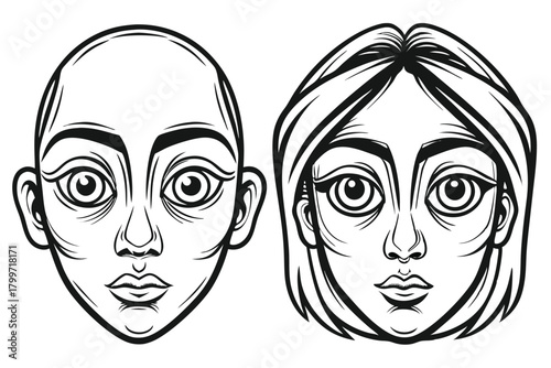 Two stylized monochrome faces show the difference between bald and haired head