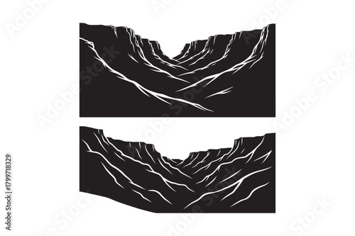 Dramatic black and white canyon landscape illustrations