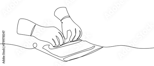 Korean food: Chef is rolling kimbap in one continuous line. Dynamic single line draw design vector illustration Editable stroke.