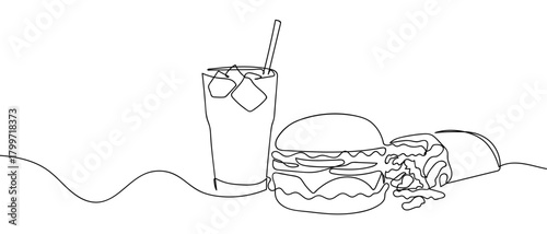 Fast food, burger, cola, french fries, one continuous line Dynamic single line draw design vector illustration Editable stroke.