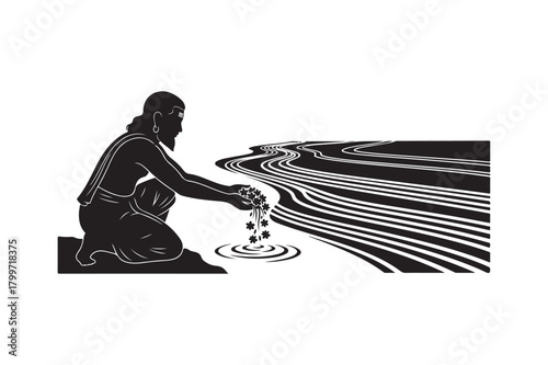Figure kneeling by water pouring seeds or grains