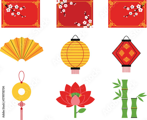 Set of Chinese New Year and Lunar Festival Elements, Including Red Lanterns, Plum Blossom Frames, Gold Coin, Bamboo, and Traditional Fan Vector