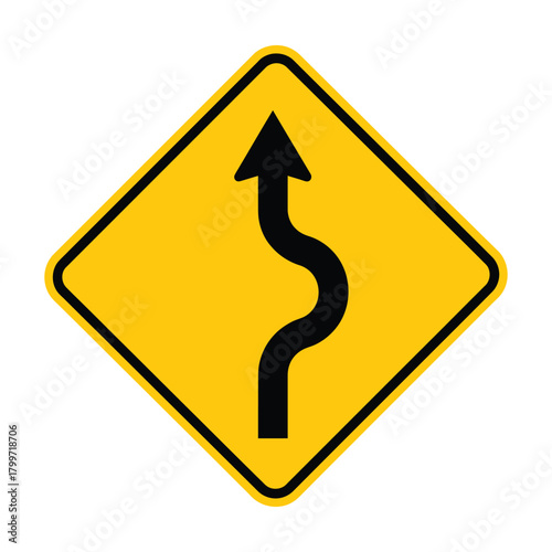 Yellow road sign warning of winding road ahead isolated on