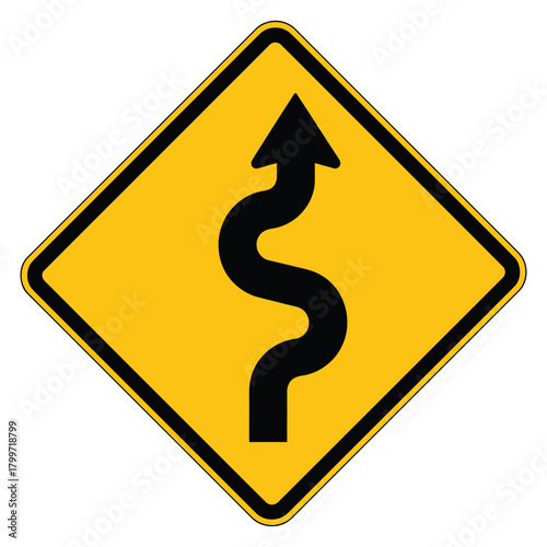 Yellow road sign warning of winding road ahead isolated on