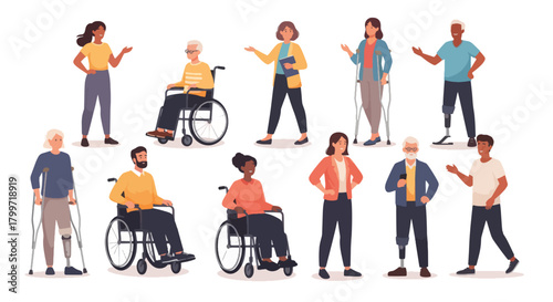 A diverse group of people with various disabilities, including individuals using wheelchairs, crutches, and prosthetic limbs, representing inclusivity and community