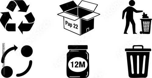 Recycling symbols and waste management icons including recycle, packaging, discard, and container signs for environmental awareness vector set