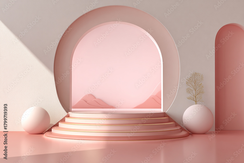 Fototapeta premium Pink minimalist display stage with an elegant arch a circular podium and golden accents bathed in soft light