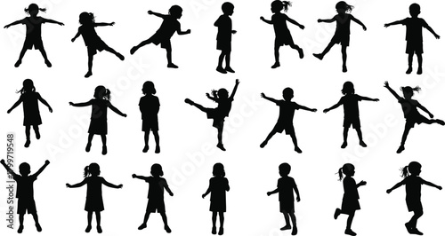 PrintChildren silhouette set, playful kid poses, black vector illustration, dynamic movement, jumping dancing running, minimal design, childhood activity graphic