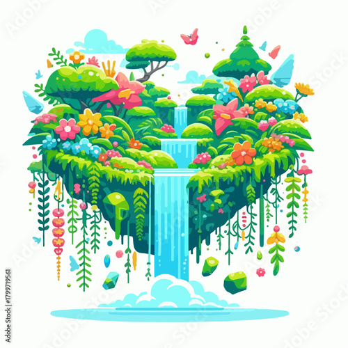 Vibrant Floating Island with Lush Greenery, Waterfall, and Cartoon Style