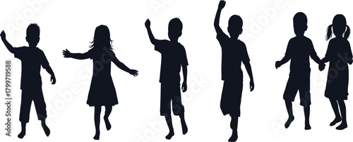 PrintChildren silhouettes, playful poses, kids dancing, black figures, childhood joy, outdoor fun, celebration, movement, casual clothing, happy moments, vector illustration