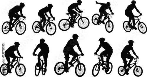 Dynamic Bicycle Silhouettes Showcasing Diverse Riding Styles, Postures, and Motion Across Road and Mountain Bikes in Minimalist Black Illustration Format