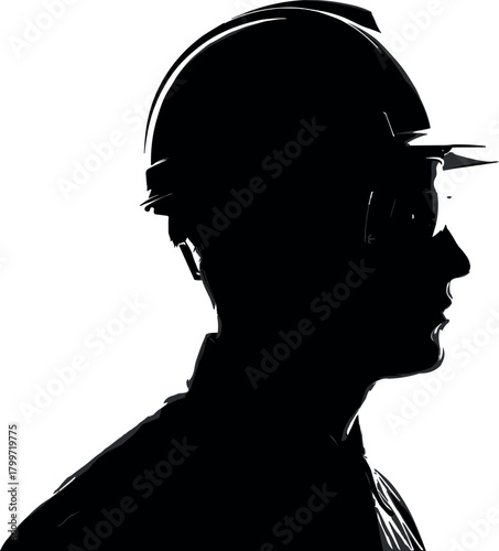 Worker silhouette profile with hard hat and safety glasses. Construction industry professional icon, isolated on white background for copy space.