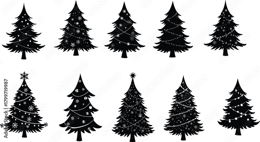 Fototapeta premium PrintCollection of Christmas tree silhouettes, festive pine tree designs with decorations, winter holiday elements, black vector illustration on white background, seasonal art