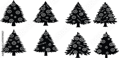 PrintChristmas tree silhouettes, holiday decoration design, black pine shapes, festive ornament patterns, snowflake and citrus decor, winter seasonal graphic art