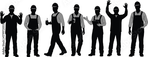 PrintConstruction worker silhouettes, hard hat men, industrial labor poses, safety gear, black vector illustration, job site crew, occupational icons