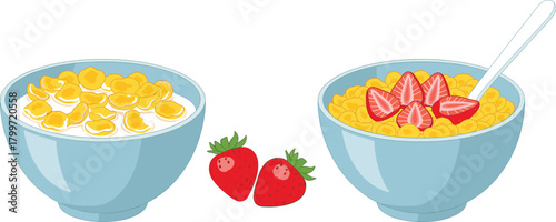 Set of Healthy Breakfast Bowls Vector Illustration, Featuring Corn Flakes Cereal with Milk and Oatmeal with Sliced Strawberries for Morning Mea