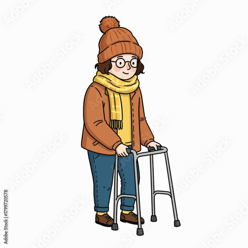 Elderly Person Using a Walker, Illustration of an Older Adult with Mobility Aid