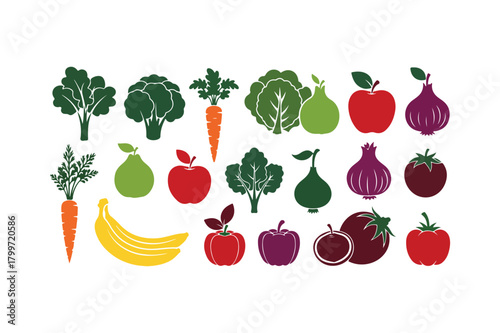 Colorful assortment of fresh fruits and vegetables in a flat design