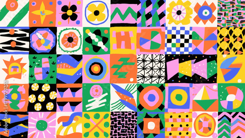 Colorful abstract geometric tile pattern illustration featuring various shapes and vibrant hues