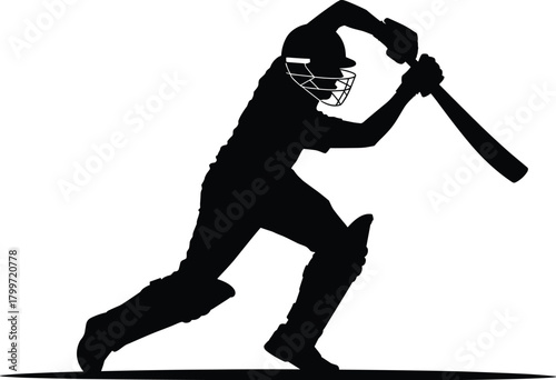PriCricket player silhouette in action, black and white illustration, batting pose, sports gear, dynamic movement, athletic stance, helmet, bat, padsnt