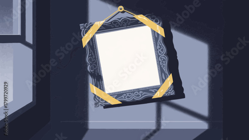 Empty picture frame hanging on a wall with sunlit shadows casting a dramatic effect