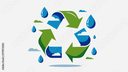 Recycling symbol with water droplets and clouds illustrating environmental conservation and sustainability