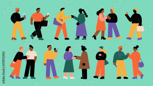 Illustration of diverse people interacting, walking, and using devices on a turquoise background