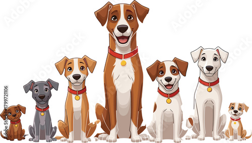PrintCute cartoon dogs family sitting together, adorable pets illustration, friendly puppy group, domestic animals collection, happy dogs with collars design
