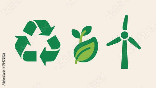 Green environmental icons including recycling symbol, plant, and wind turbine on neutral background