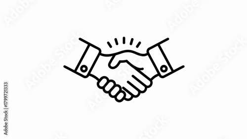 A black and white line art illustration of two hands shaking to symbolize agreement