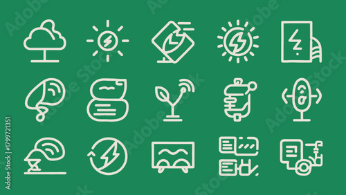 A collection of simple line art icons representing environmental concepts and sustainable energy sources