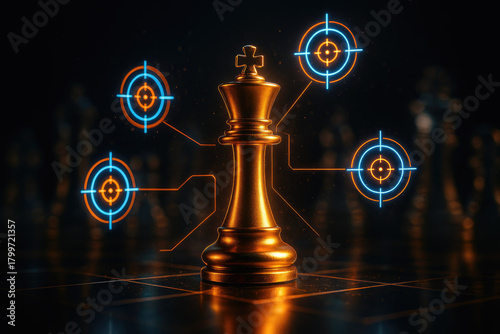 Golden Chess King Piece with Digital Target Overlays and Blurred Chessboard Background chess piece