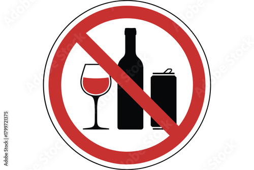 No alcohol allowed sign with wine glass and beverage can