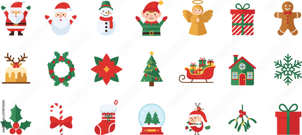 Obraz premium Large Collection of Flat Christmas and Winter Holiday Icons Set, Including Santa Claus, Snowman, Christmas Tree, Gifts, and Decorations Vector Illustration