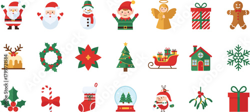 Large Collection of Flat Christmas and Winter Holiday Icons Set, Including Santa Claus, Snowman, Christmas Tree, Gifts, and Decorations Vector Illustration