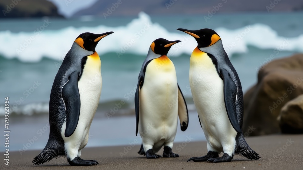 Fototapeta premium Three penguins standing on a beach next to the ocean, a fun and playful scene