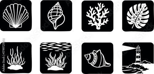 Marine life icon set with seashells coral and lighthouse vector symbols for ocean design and nature themes