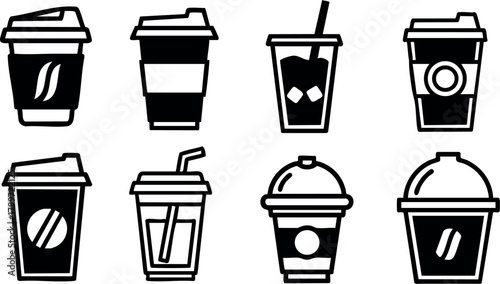 Coffee cup icons set with takeaway cups cold drinks and lids in black and white vector design for beverages and cafes