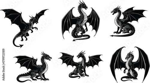 PrintDragon silhouette illustration, fantasy creature vector, mythical beast icon, flying dragon graphic, medieval monster design, winged reptile art, mythology symbol