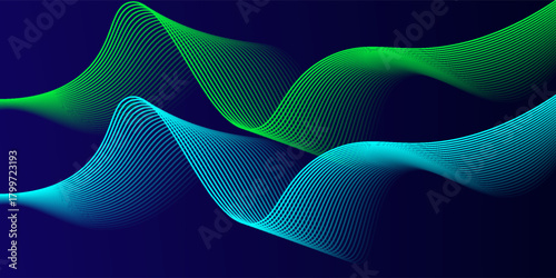 Abstract glowing wave lines on dark blue background. Dynamic wave pattern. Modern flowing wavy lines. Futuristic technology concept. Suit for banner, poster, cover, brochure, flyer, website