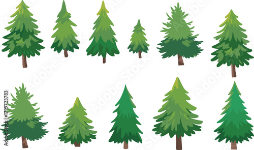PrintEvergreen tree illustrations, stylized conifers, pine and fir trees, green foliage, nature design, forest elements, vector art, seasonal graphics