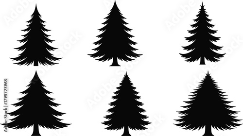 PrintEvergreen tree silhouette set, black vector trees, conifer shapes, forest graphic, nature icon, minimal design, botanical illustration, landscape art