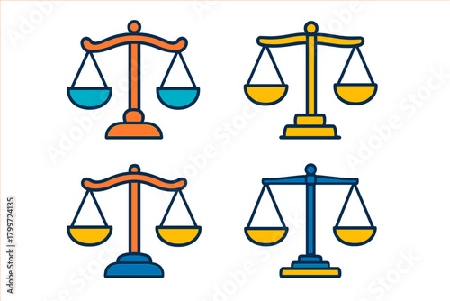 Set of four colorful balance scale icons symbolizing justice, law, equality, and measurement