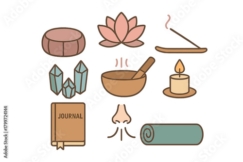 Meditation cushion, lotus flower, crystals, and yoga mat representing wellness and self-care